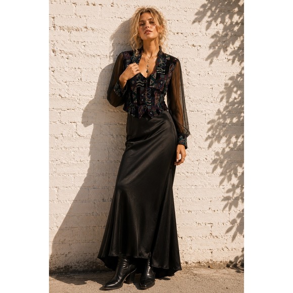 By Choice California Tops - Vintage By Choice Black Velvet Sheer Sleeve Beaded Patchwork Cropped Blazer S